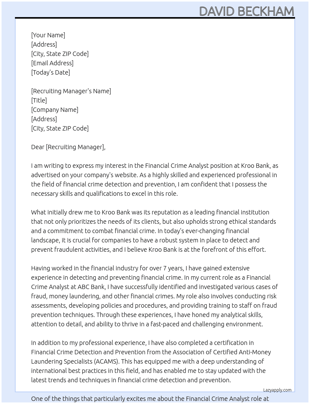 Financial Crime Analyst At Kroo Bank Cover Letter