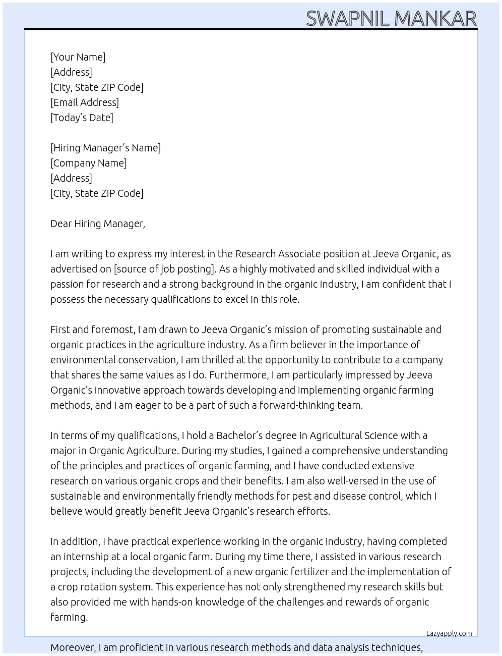 Research Associate At Jeeva Organic Cover Letter