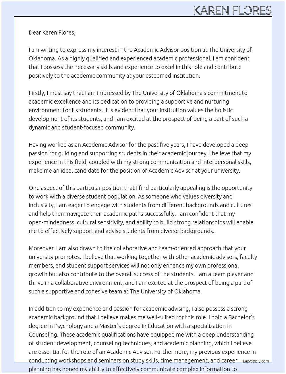 Academic Advisor At The Univeristy of Oklahoma Cover Letter
