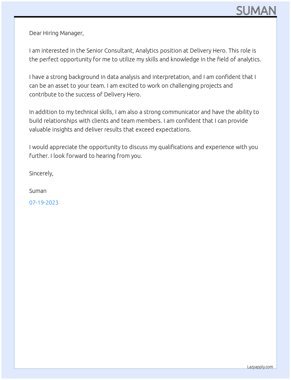 Senior Consultant, Analytics At Delivery Hero Cover Letter