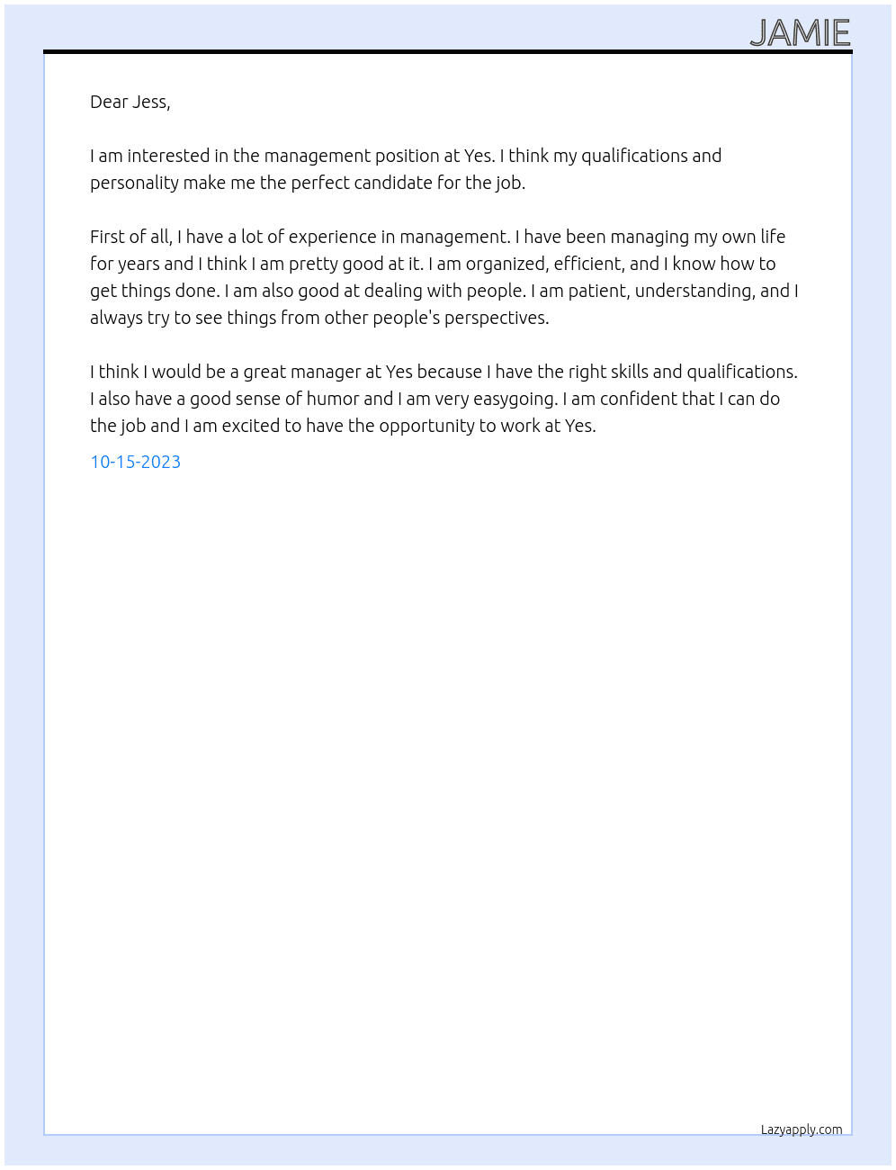 management At Yes Cover Letter