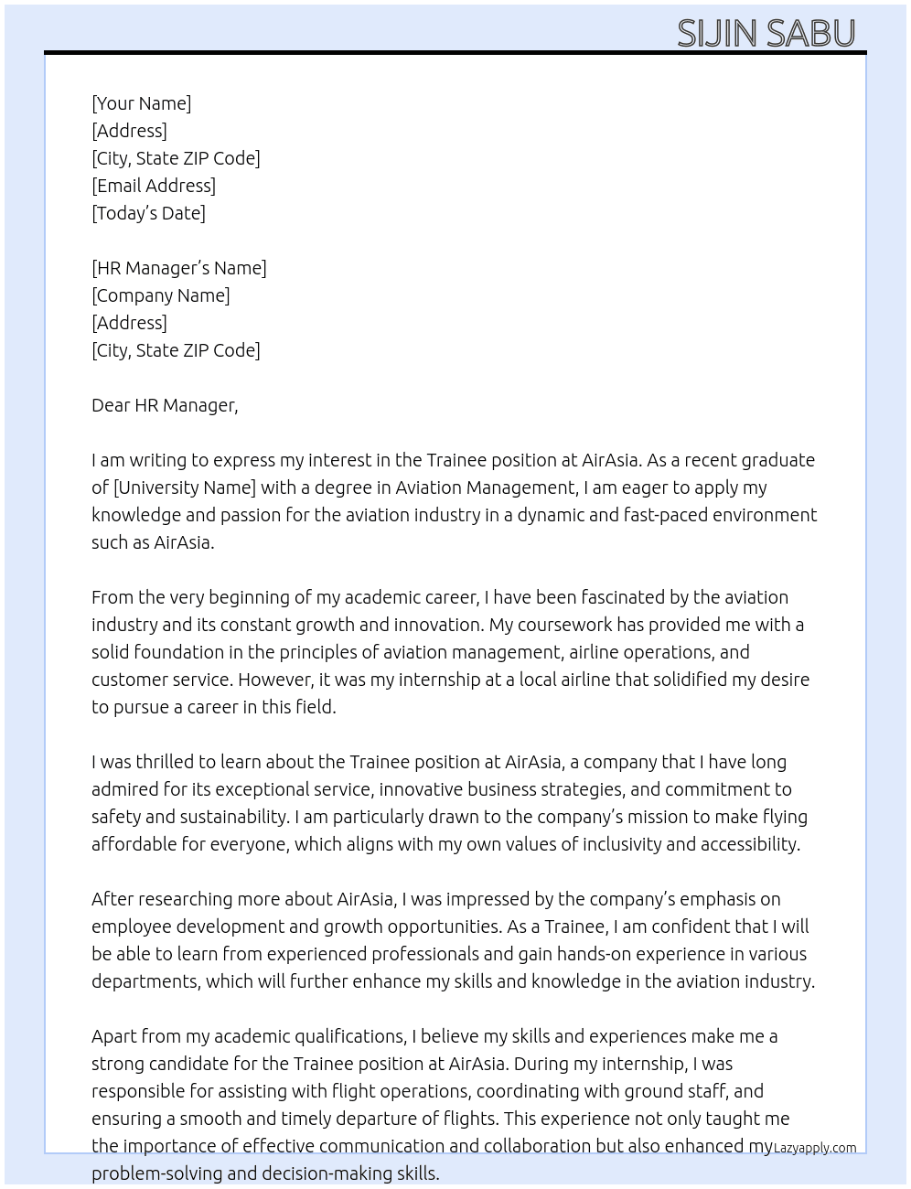 trainee at airline At AirAsia Cover Letter