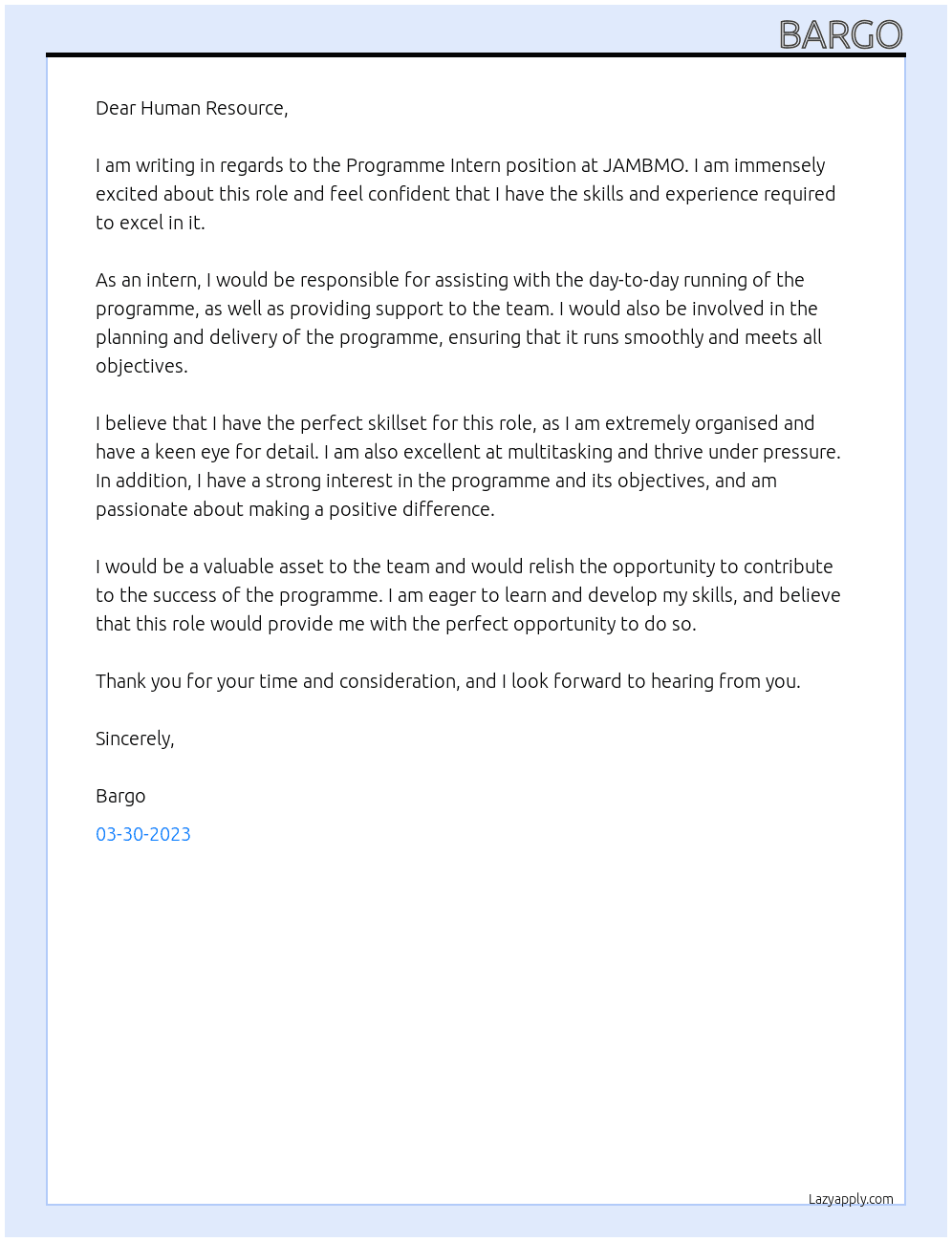 Programme Intern At JAMBMO Cover Letter