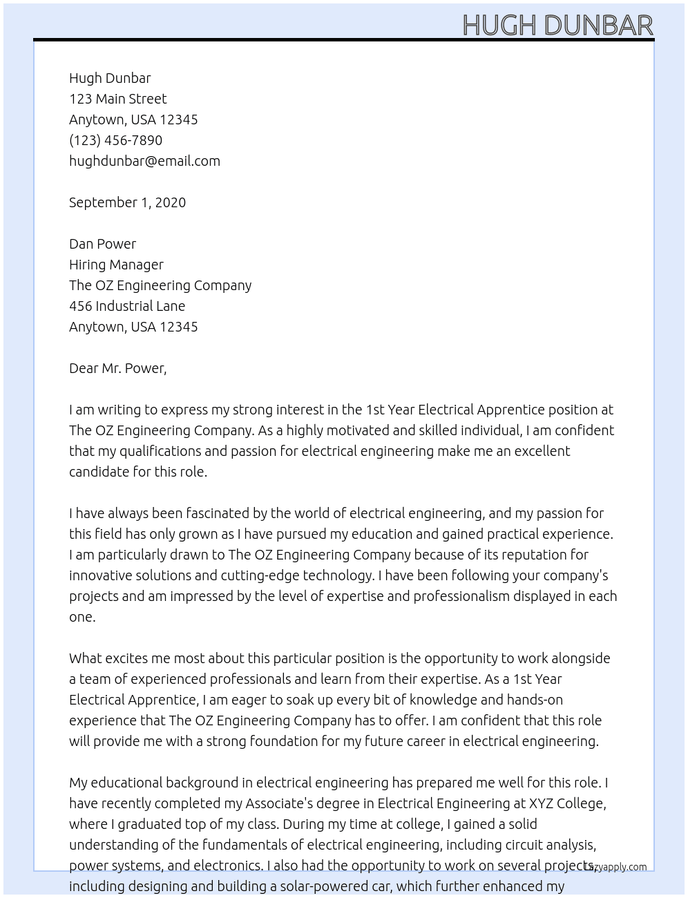 1st Year Electrical Apprentice At The OZ Engineering Company Cover Letter