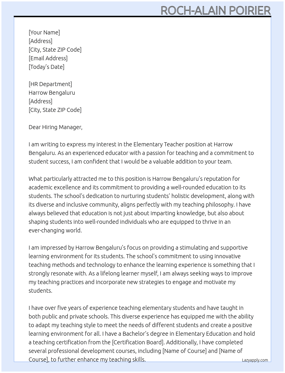 elementary teacher At Harrow Bengaluru Cover Letter