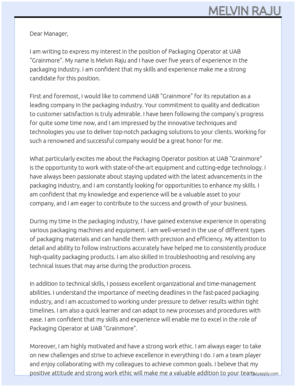 Packaging operator At UAB "Grainmore" Cover Letter