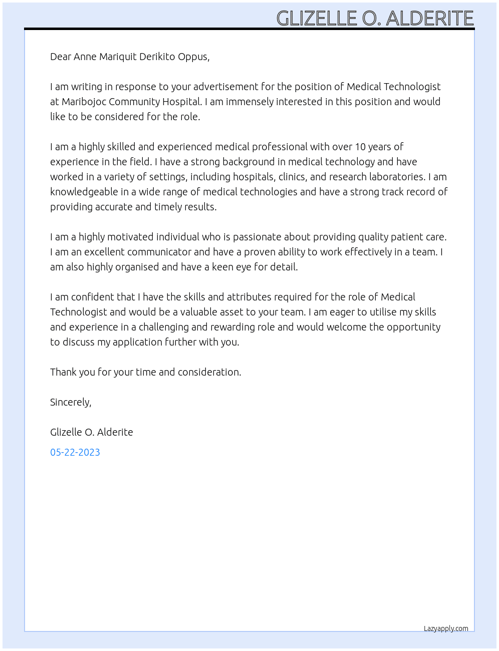 Medical Technologist At Maribojoc Community Hospital Cover Letter