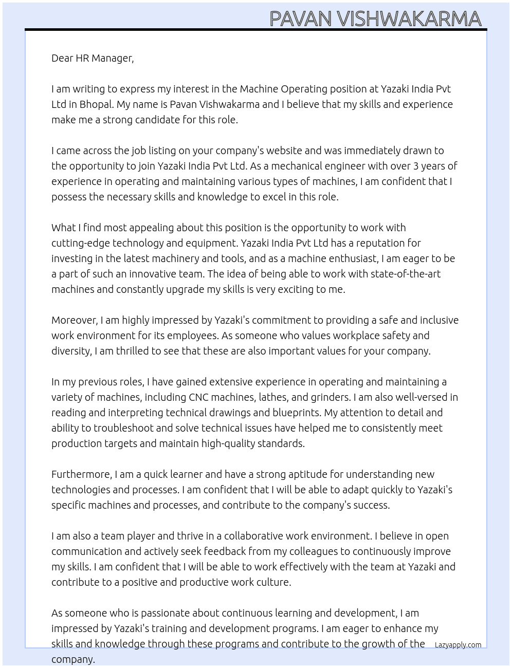 Machine operating  At Yazaki India Pvt Ltd  Cover Letter