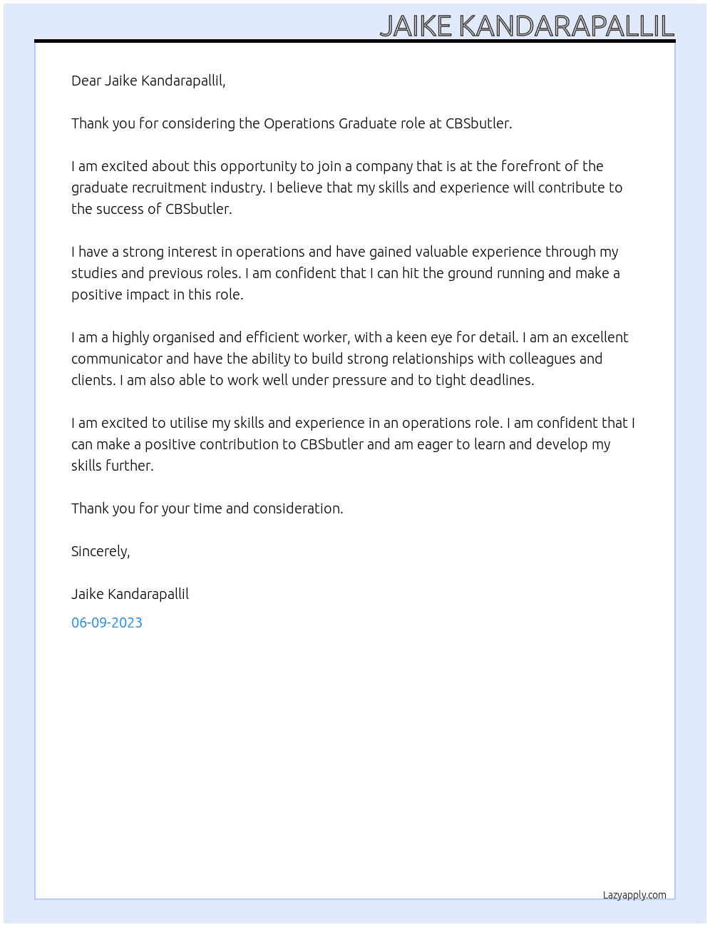 Operations Graduate At CBSbutler Cover Letter