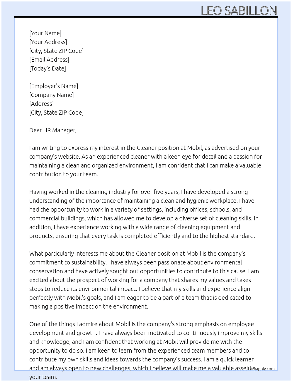 Cleaner At Mobil Cover Letter