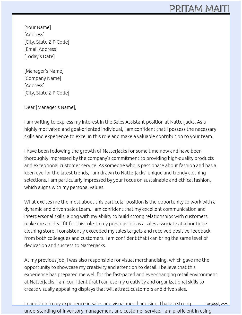 Cover letter for sales asistant - LazyApply