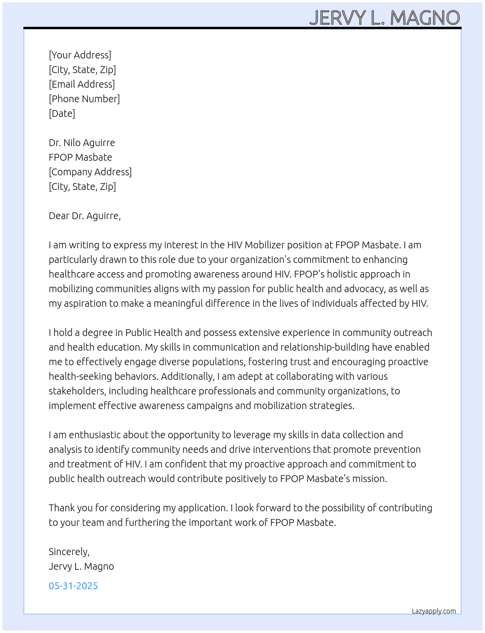 HIV Mobilizer  At FPOP Masbate Cover Letter