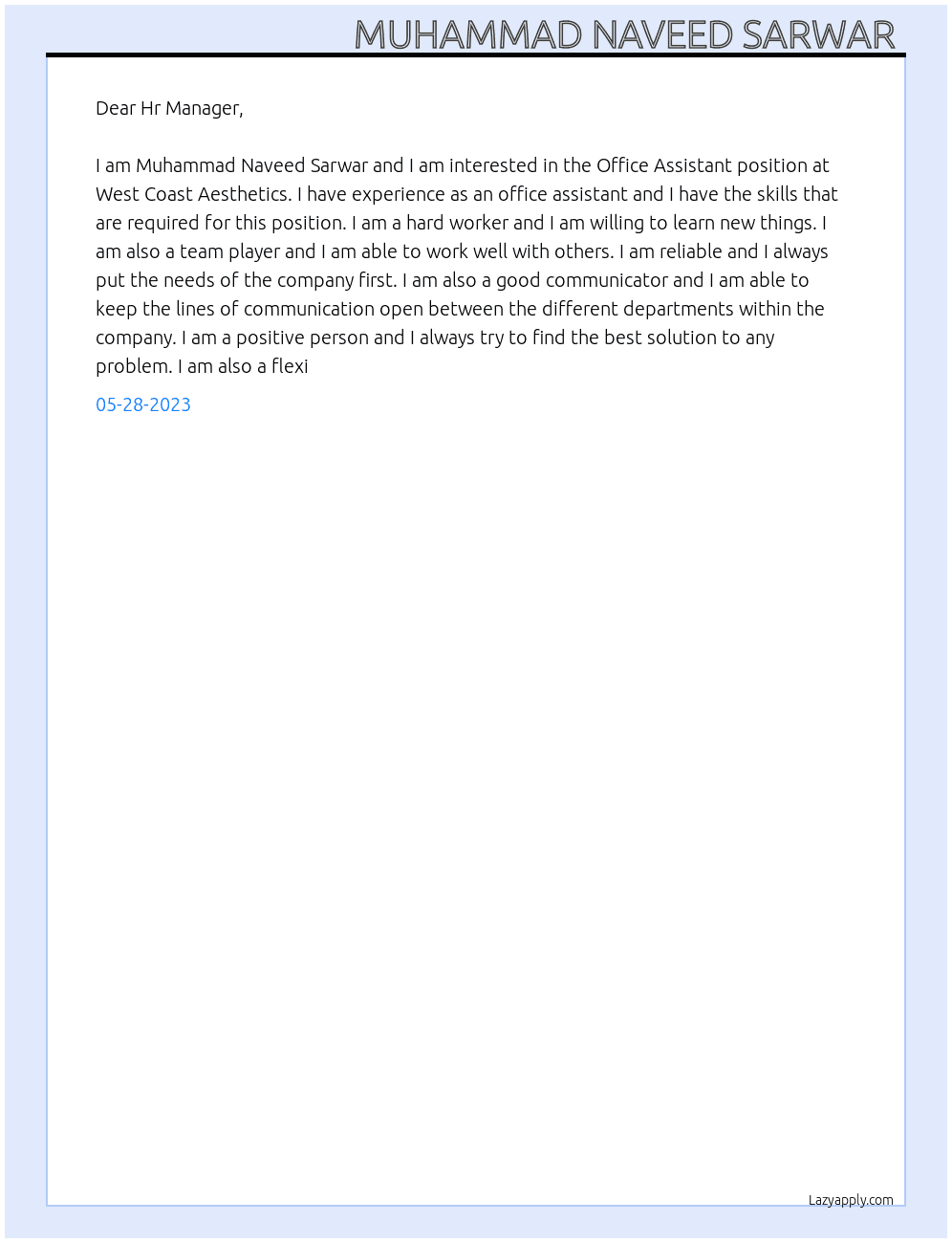 Office Assistant  At West Coast Aesthetics Cover Letter