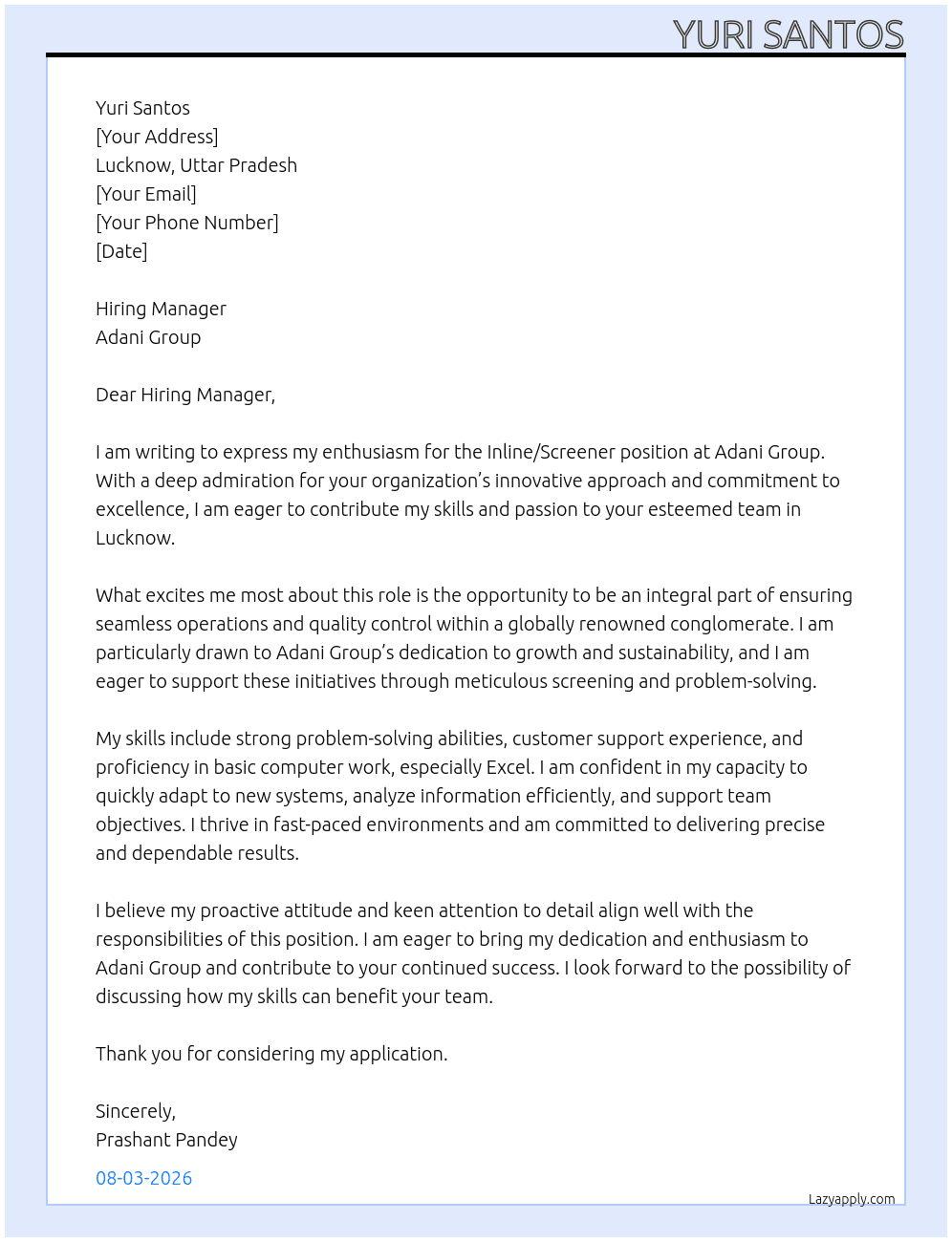 Cover letter for inline/screener - LazyApply