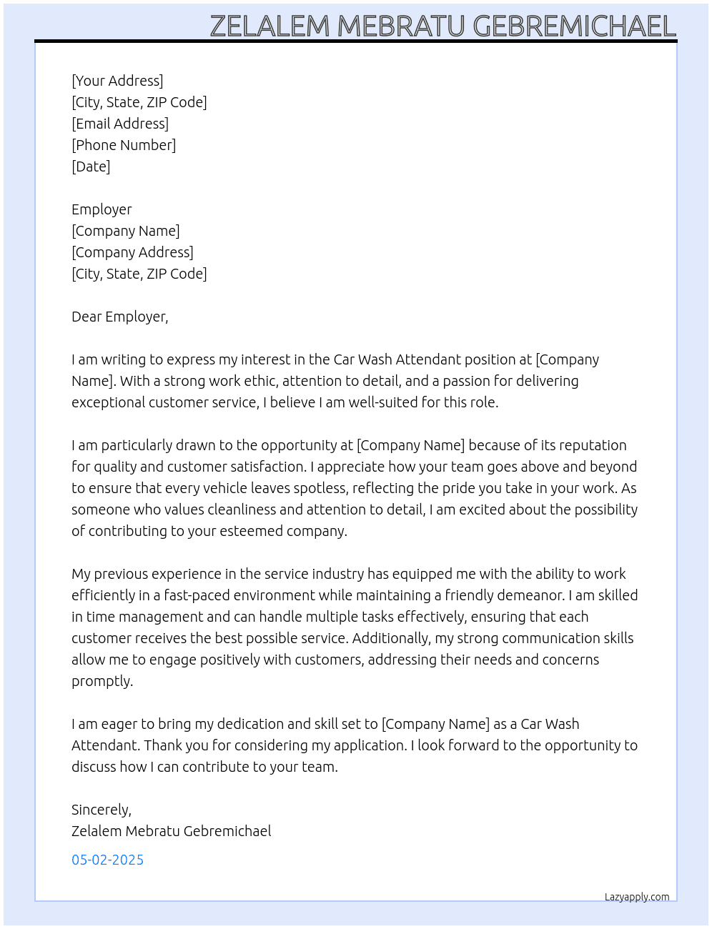 Cover letter for car wash attendant - LazyApply