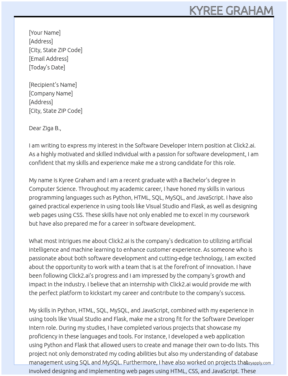 software developer intern At Click2.ai Cover Letter