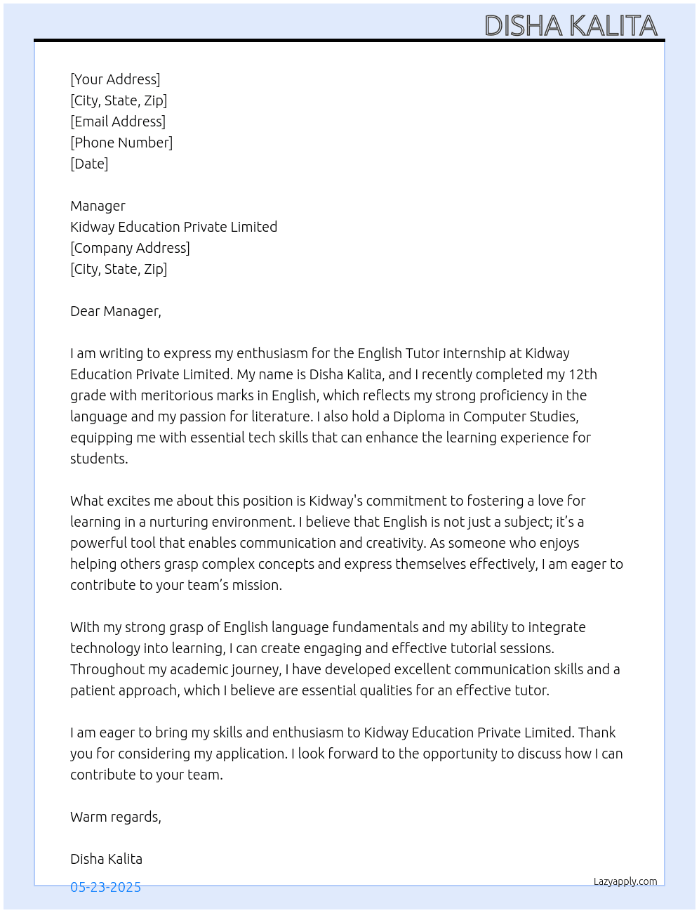 English tutor  At Kidway education private limited  Cover Letter