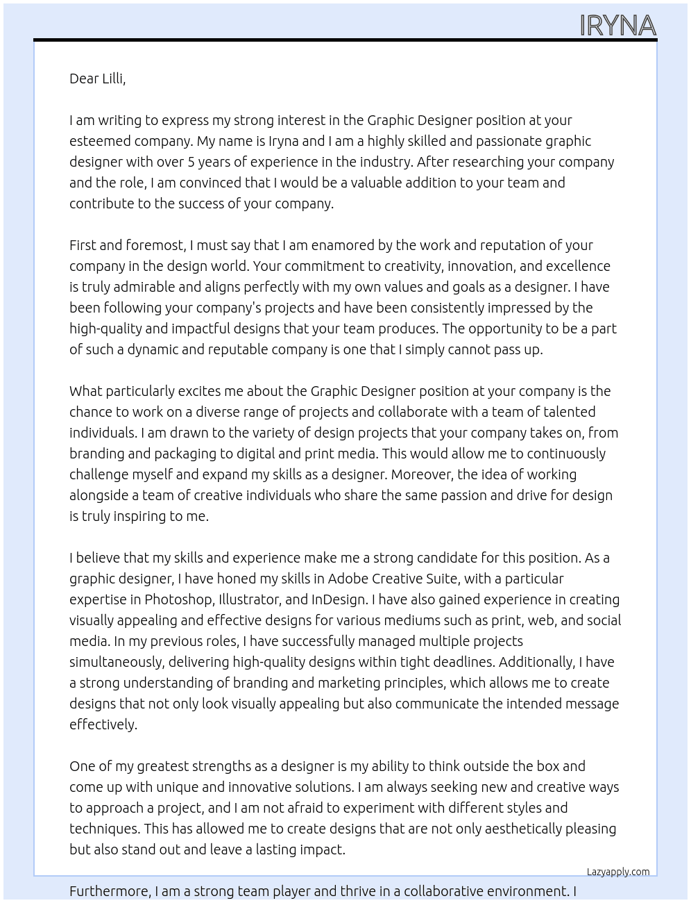 Graphic designer At Lilli Cover Letter