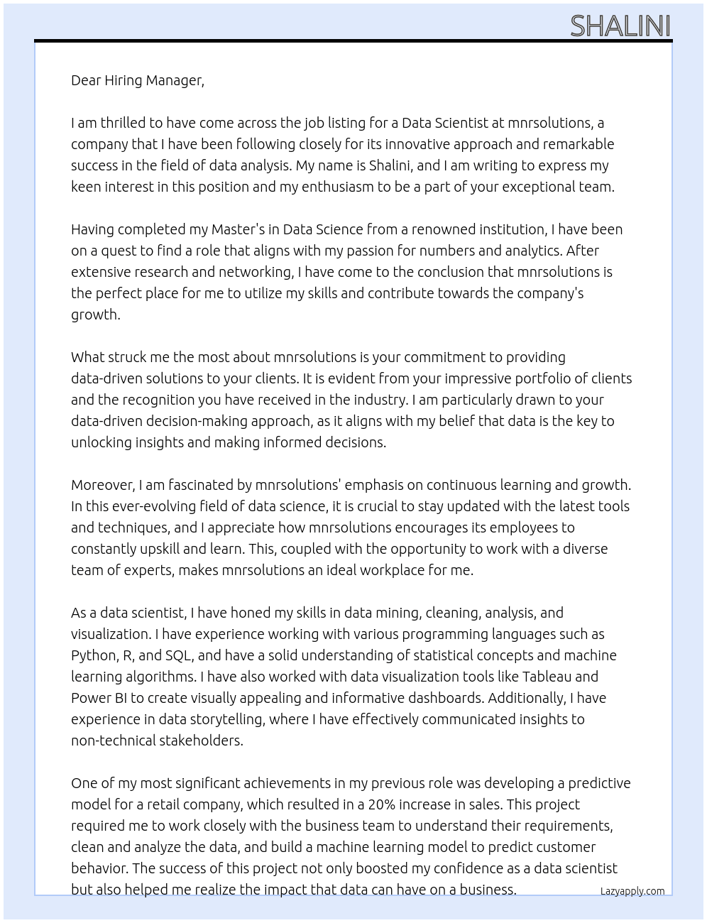 Data scientist At mnrsolutions Cover Letter