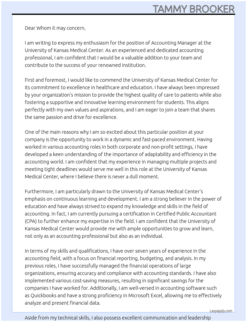 Accounting Manager At University of Kansas Medical Center Cover Letter