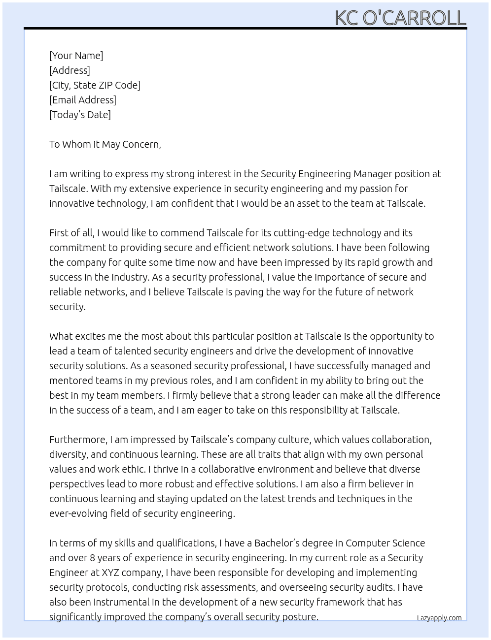 Security Engineering Manager At Tailscale Cover Letter