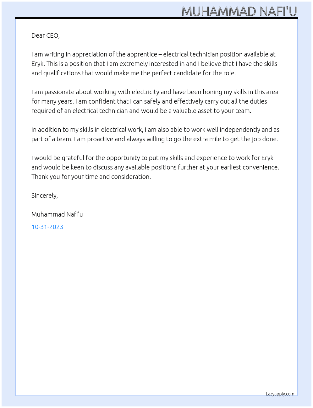 Apprentice – Electrical Technician At Eryk Cover Letter
