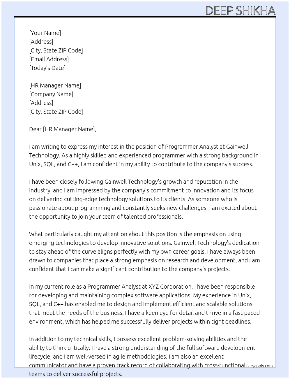 Programmer analyst  At Gainwell technology  Cover Letter