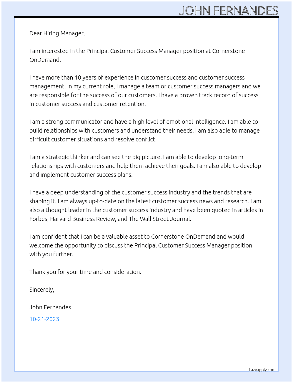 Principal Customer Success Manager At Cornerstone OnDemand Cover Letter