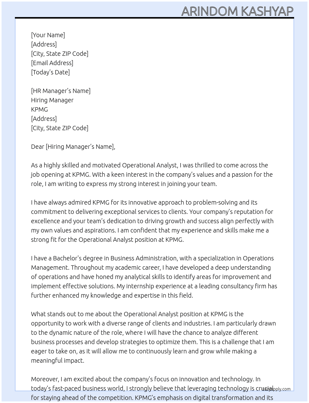 Operational Analyst  At KPMG Cover Letter