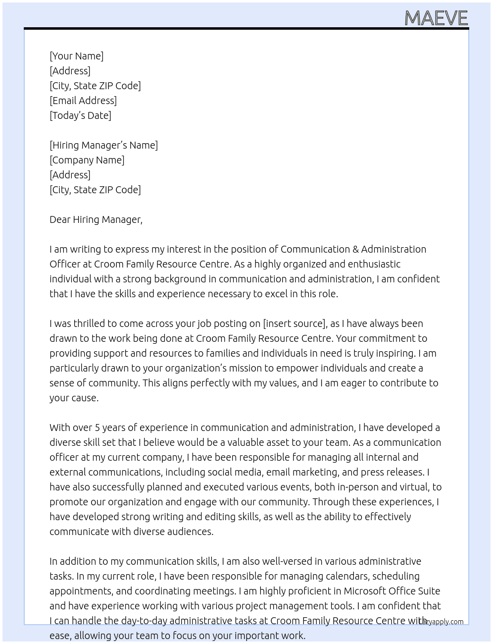 Communication & Administration Officer At Croom Family Resource Centre Cover Letter
