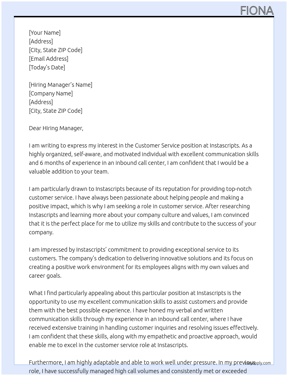 Customer service At Instascripts Cover Letter