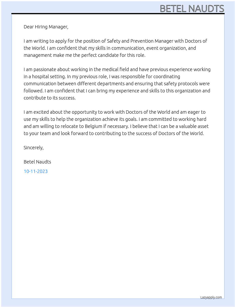 Safety and prevention manager At Doctors of the world  Cover Letter