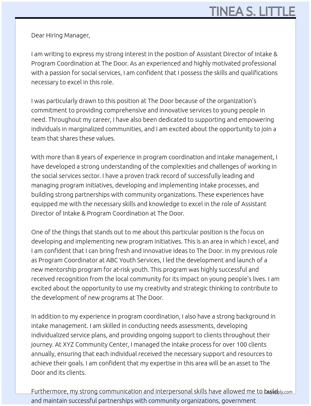 Assistant Director of Intake & Program Coordination At The Door Cover Letter