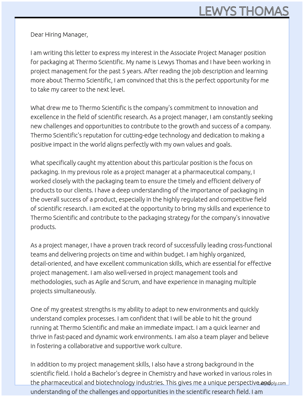 Associate Project Manager - packaging At Thermo Scientific  Cover Letter