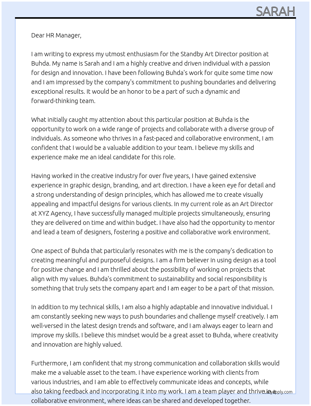 Standby art director At Buhda Cover Letter