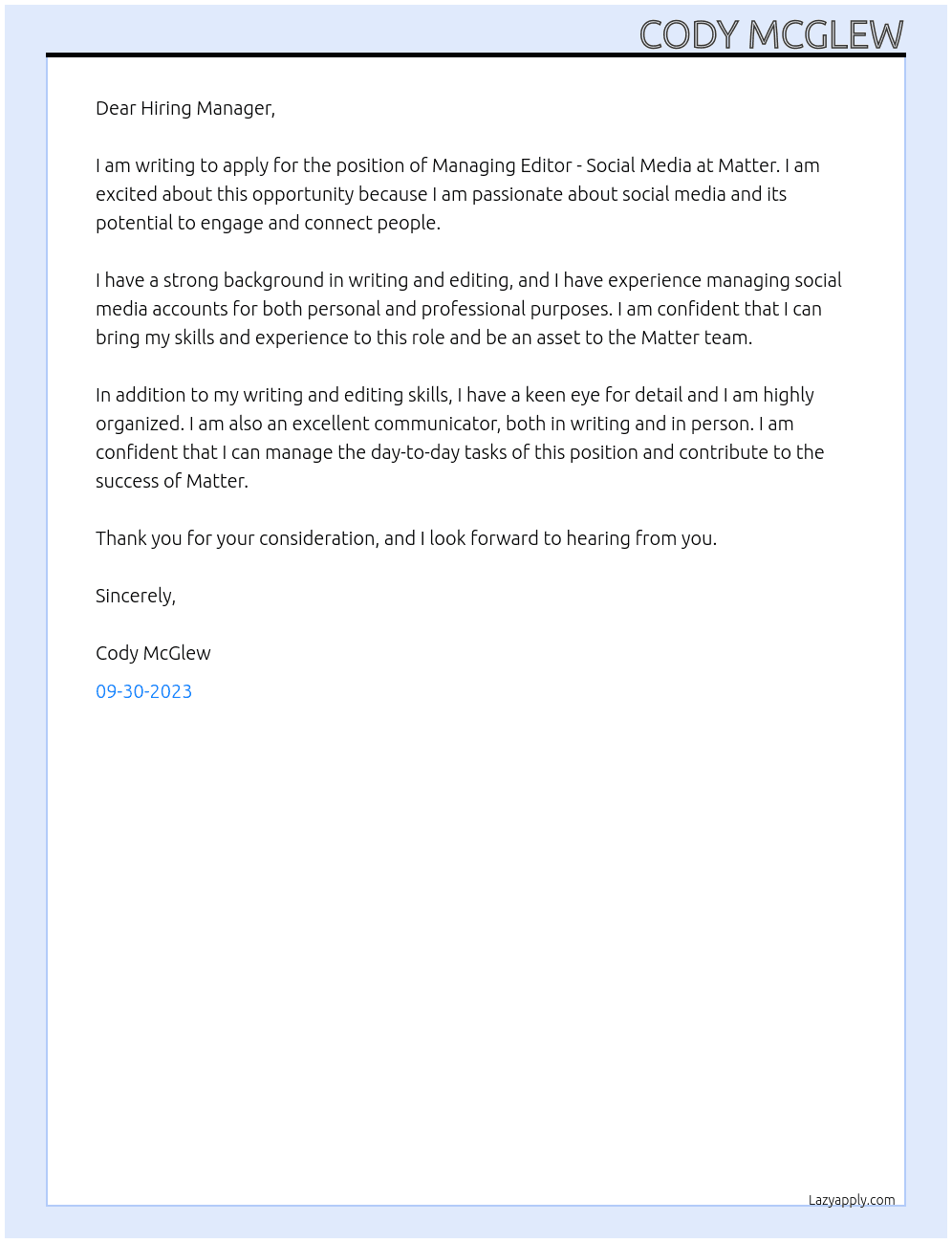Managing Editor - Social Media At Matter Cover Letter