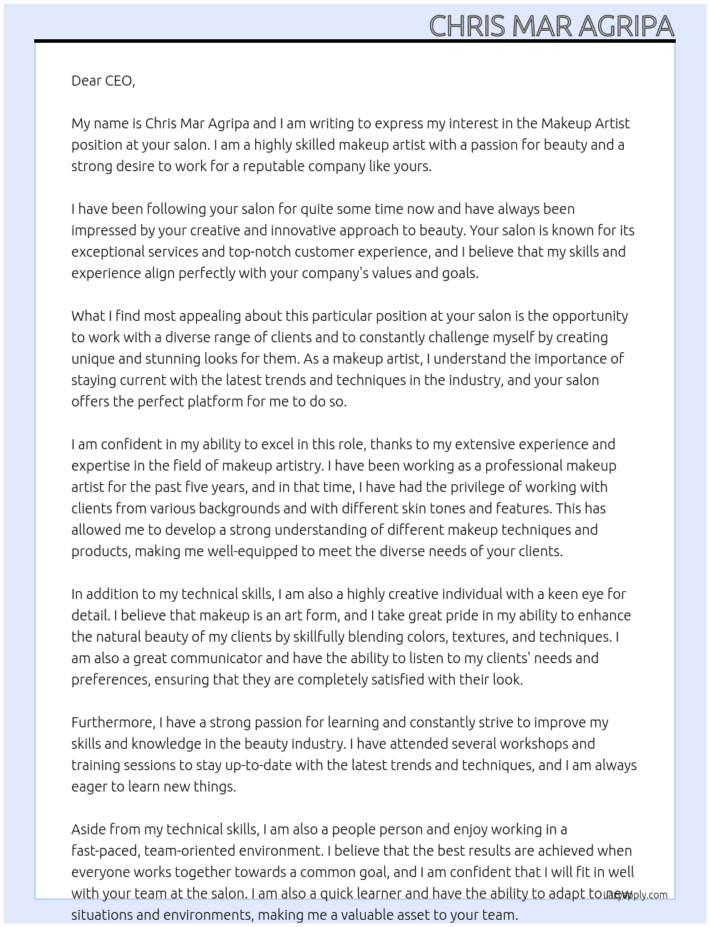makeup artis At salon Cover Letter