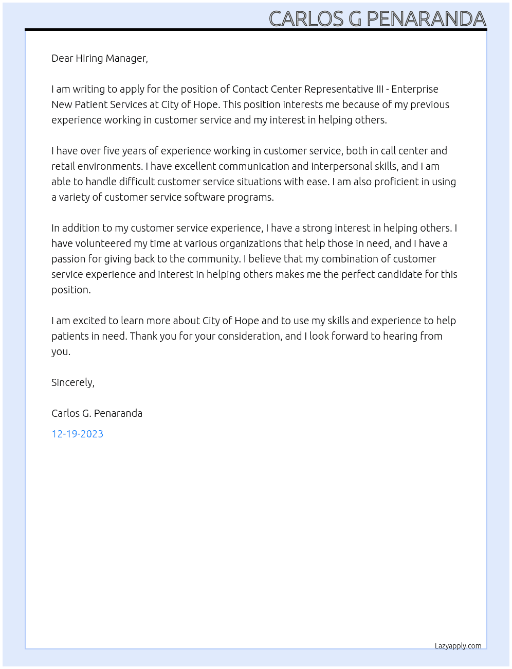 Contact Center Representative III - Enterprise New Patient Services At City of Hope Cover Letter
