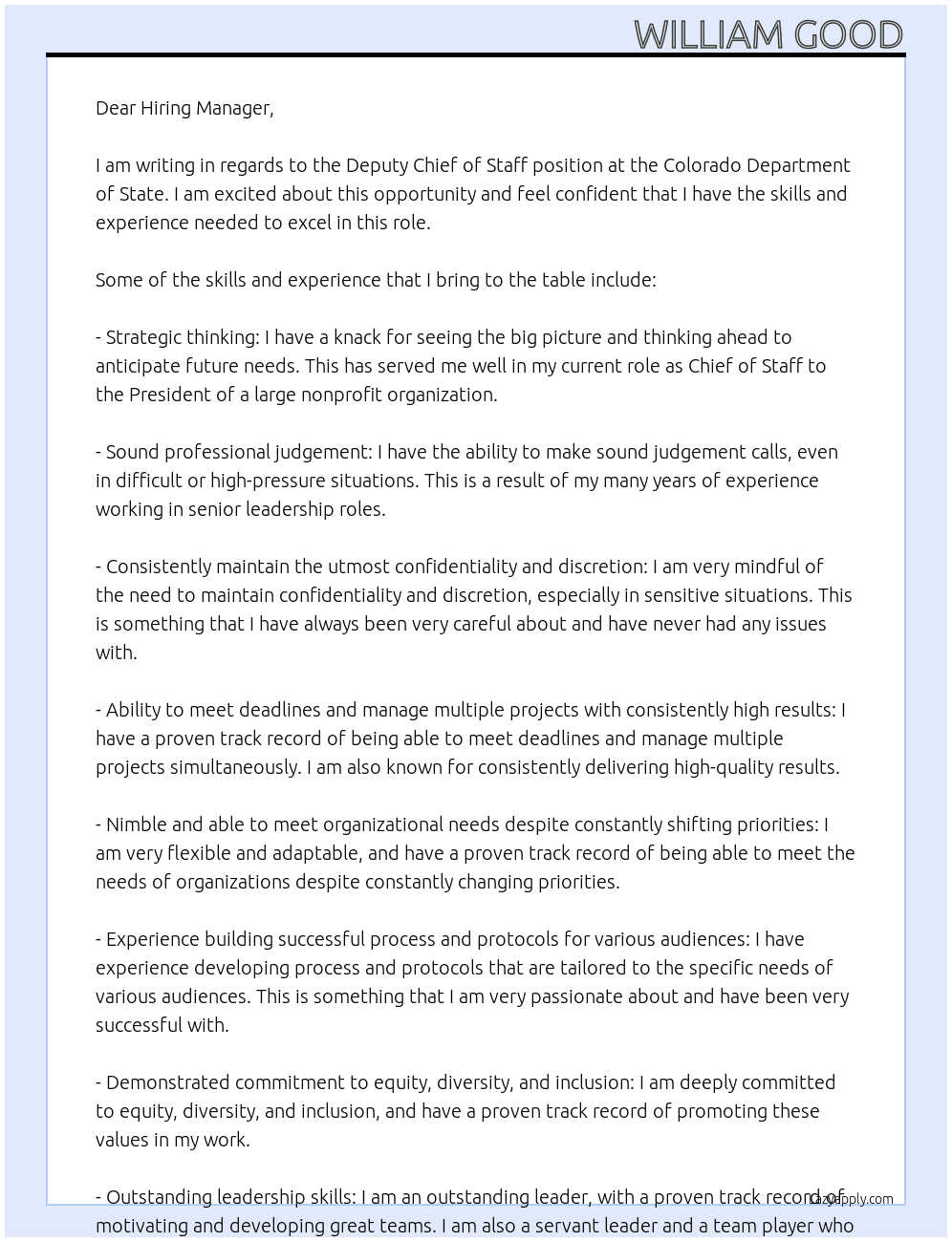 Deputy Chief of Staff At Colorado Department of State Cover Letter