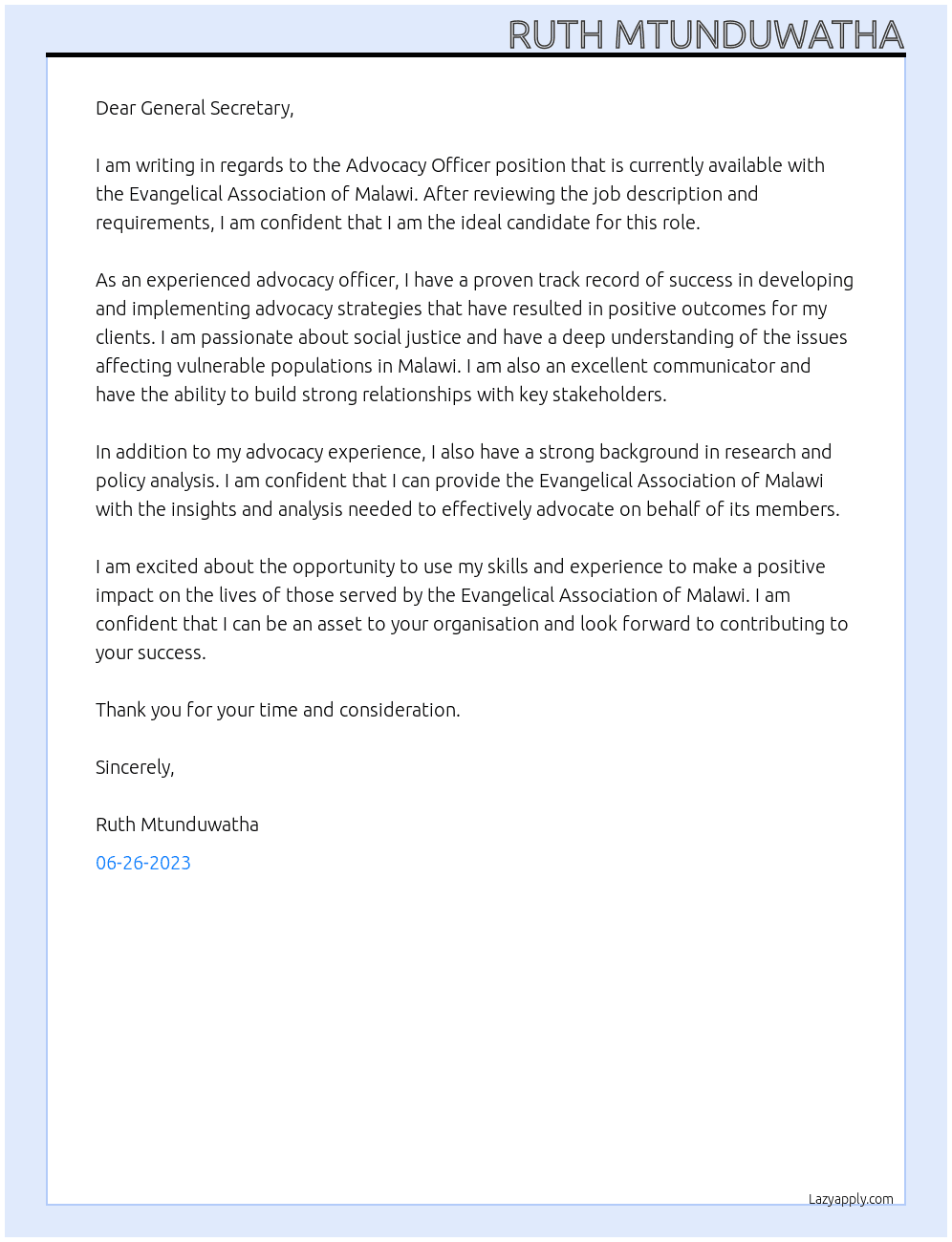Advocacy Officer At Evangelical Association of Malawi Cover Letter