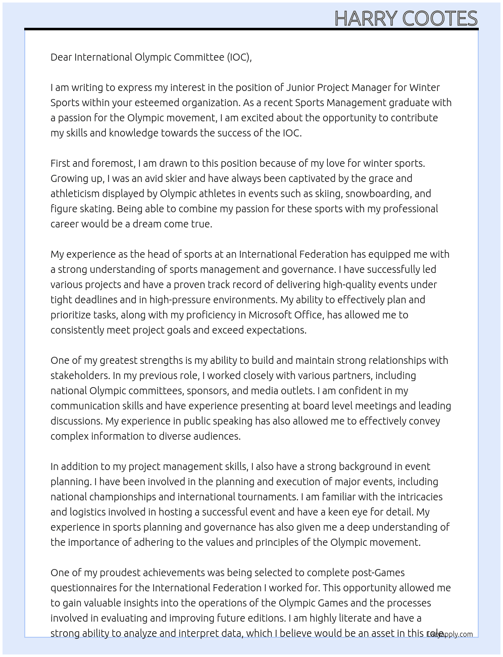 Cover letter for junior project manager - winter sports - LazyApply