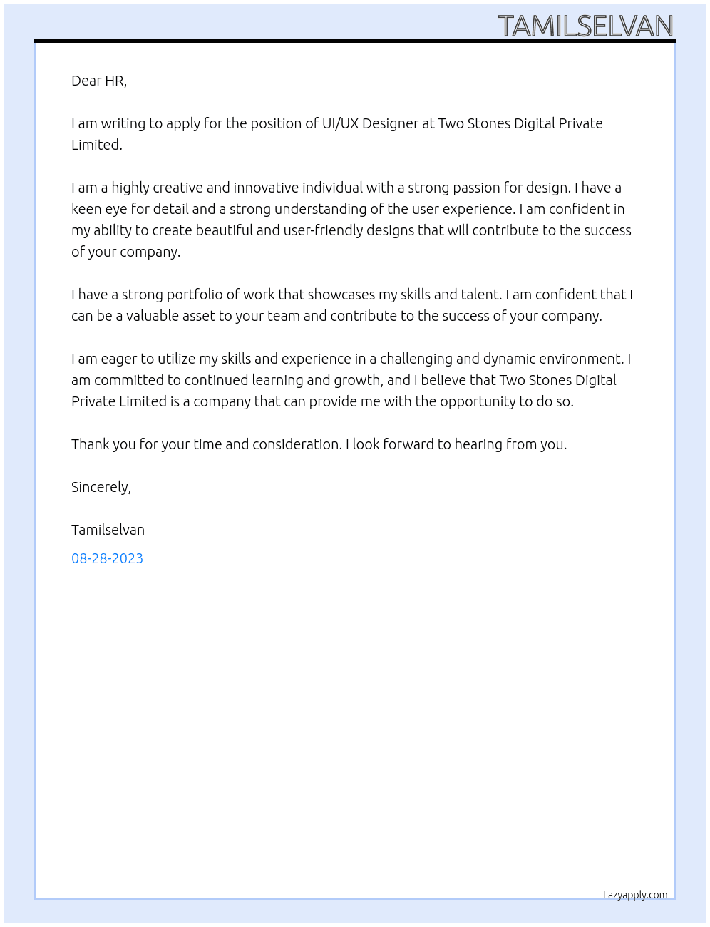 UI/UX Designer At Two Stones Digital Private Limited Cover Letter
