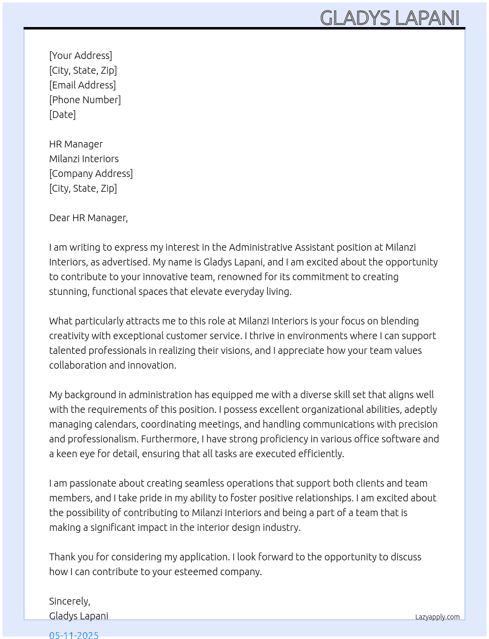 Administrative Assistant At Milanzi Interiors Cover Letter