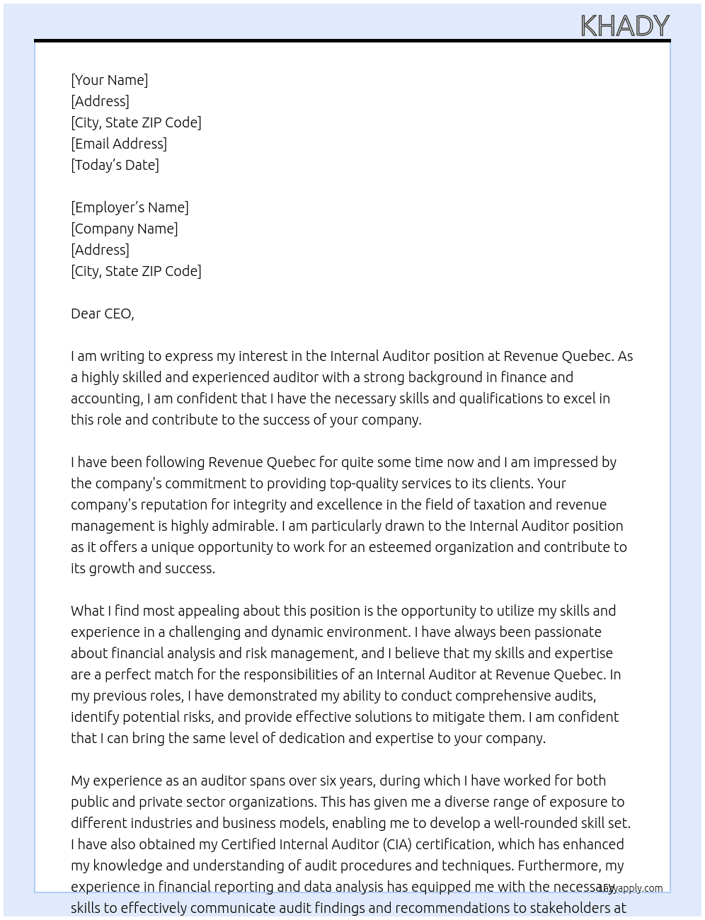Internal auditor At Revenue Quebec Cover Letter