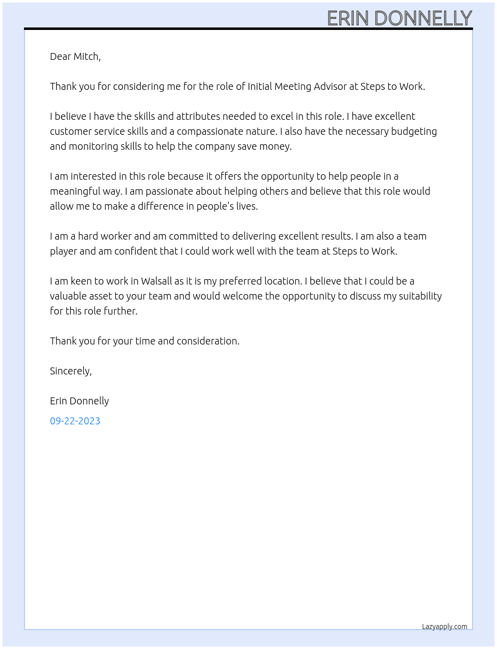 Initial Meeting Advisor At Steps to Work Cover Letter