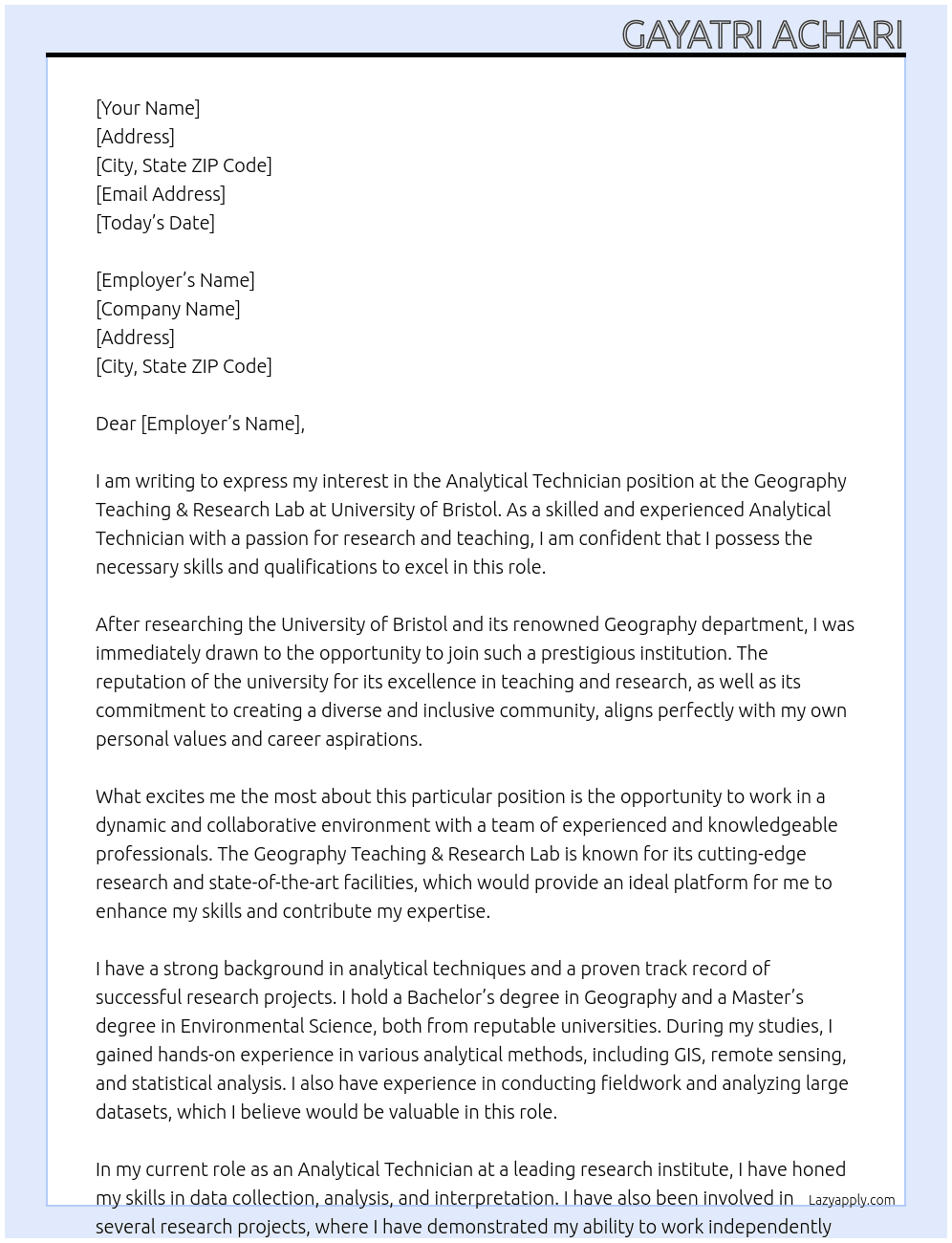 Analytical Technician At University of Bristol Cover Letter