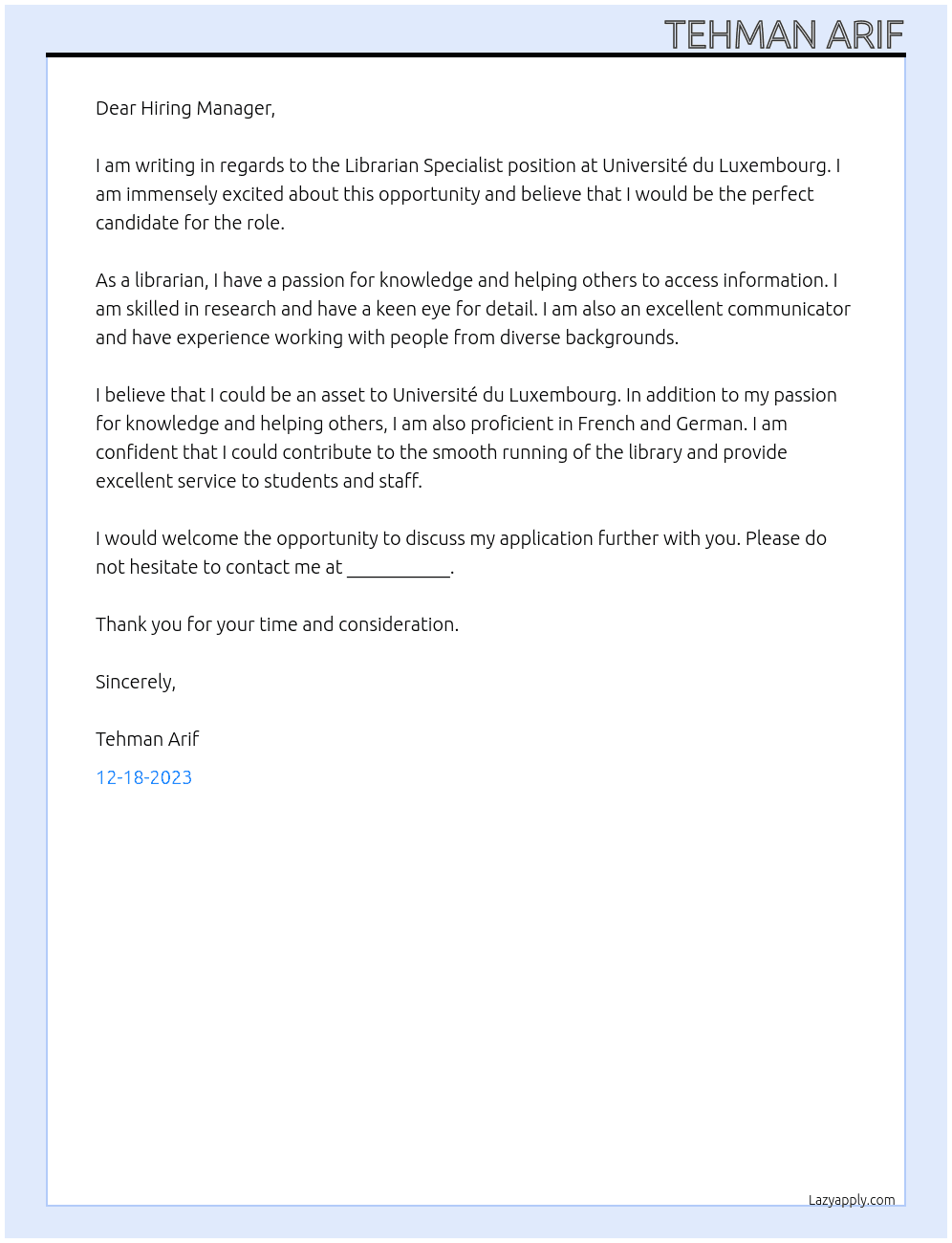 Librarian Specialist At Université du Luxembourg Cover Letter
