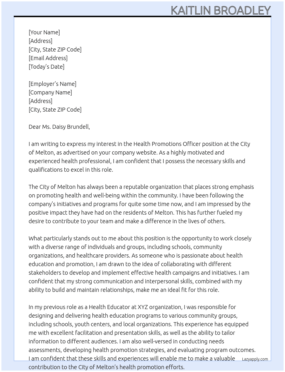 Health Promotions Officer  At City of Melton Cover Letter