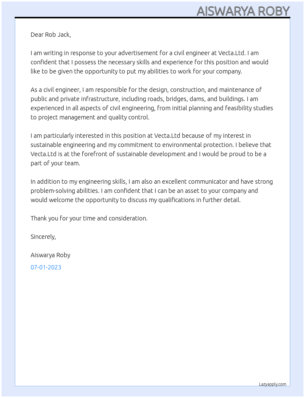 Civil engineer At Vecta.Ltd Cover Letter