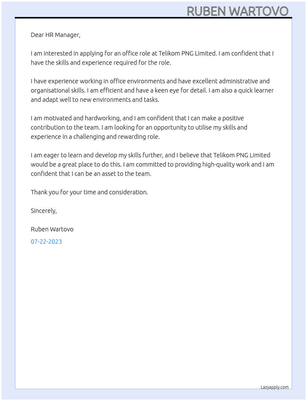 Office roles At Telikom PNG Limited Cover Letter